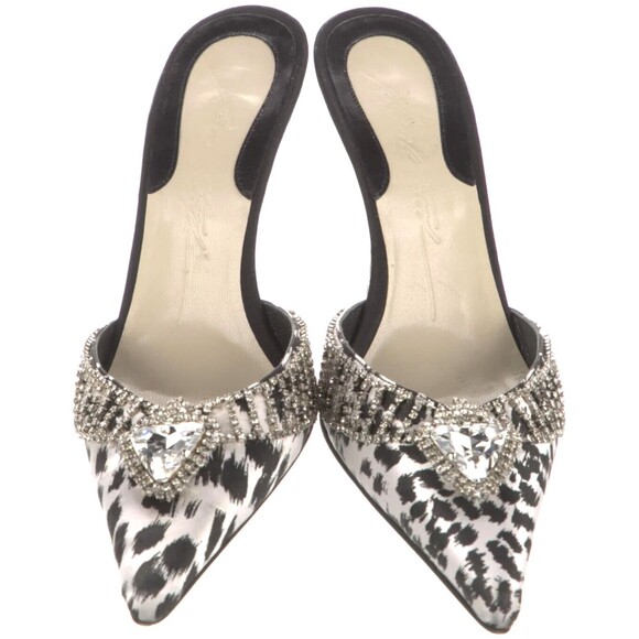 Designer Brian Atwood Satin Animal Print Crystal Detail Pointed Toes Mules 8.5 M